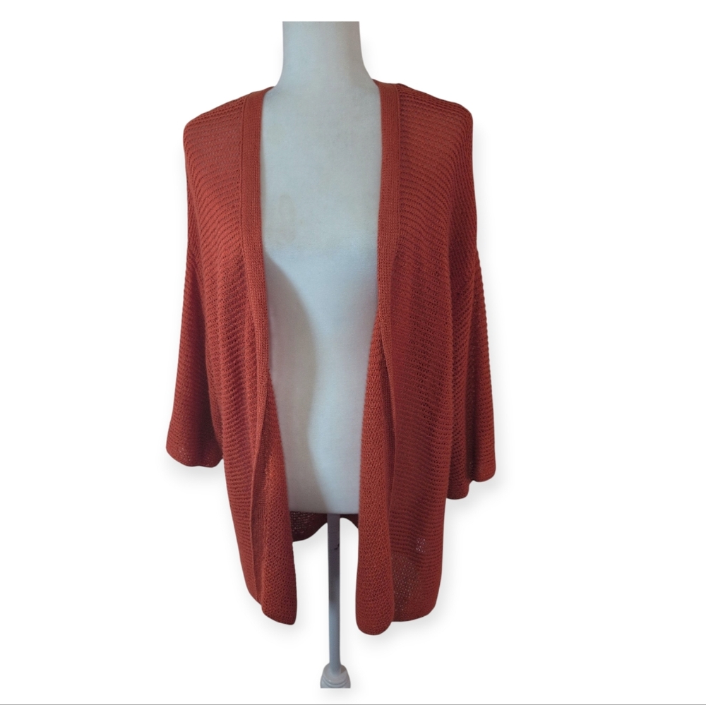 J Jill Open Cardigan Womens L Orange 3/4 Sleeve Open Knit Metallic Drop Shoulder